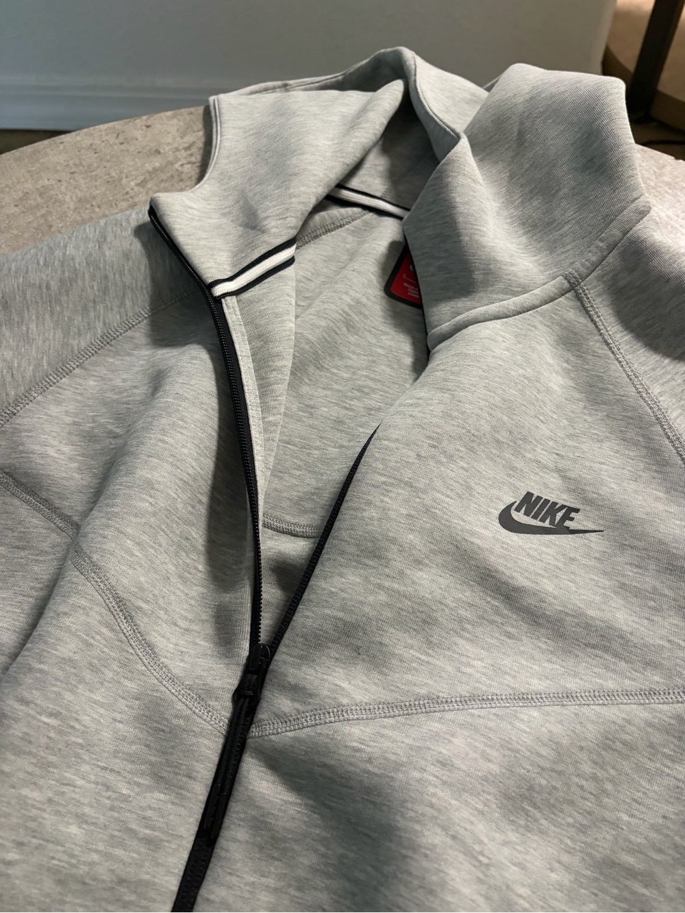 Nike Light Gray Hoodie with Black Trim and Red Logo Tag - Picture 5 of 5